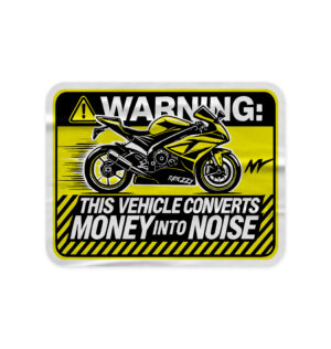 Rectangular sports bike sticker with the bold warning text 'This Vehicle Converts Money Into Noise,' featuring a sleek sports bike silhouette in a dynamic design. Yellow and black color scheme with high-contrast typography, perfect for motorcycle enthusiasts looking for a humorous and edgy accessory for their bikes, helmets, or gear.